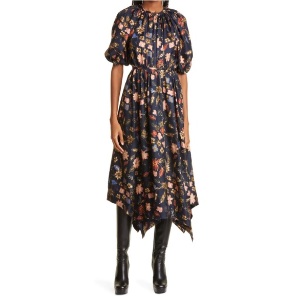 ULLA JOHNSON | Cybil Floral Print Puff Sleeve Silk Midi Dress - Picture 3 of 11